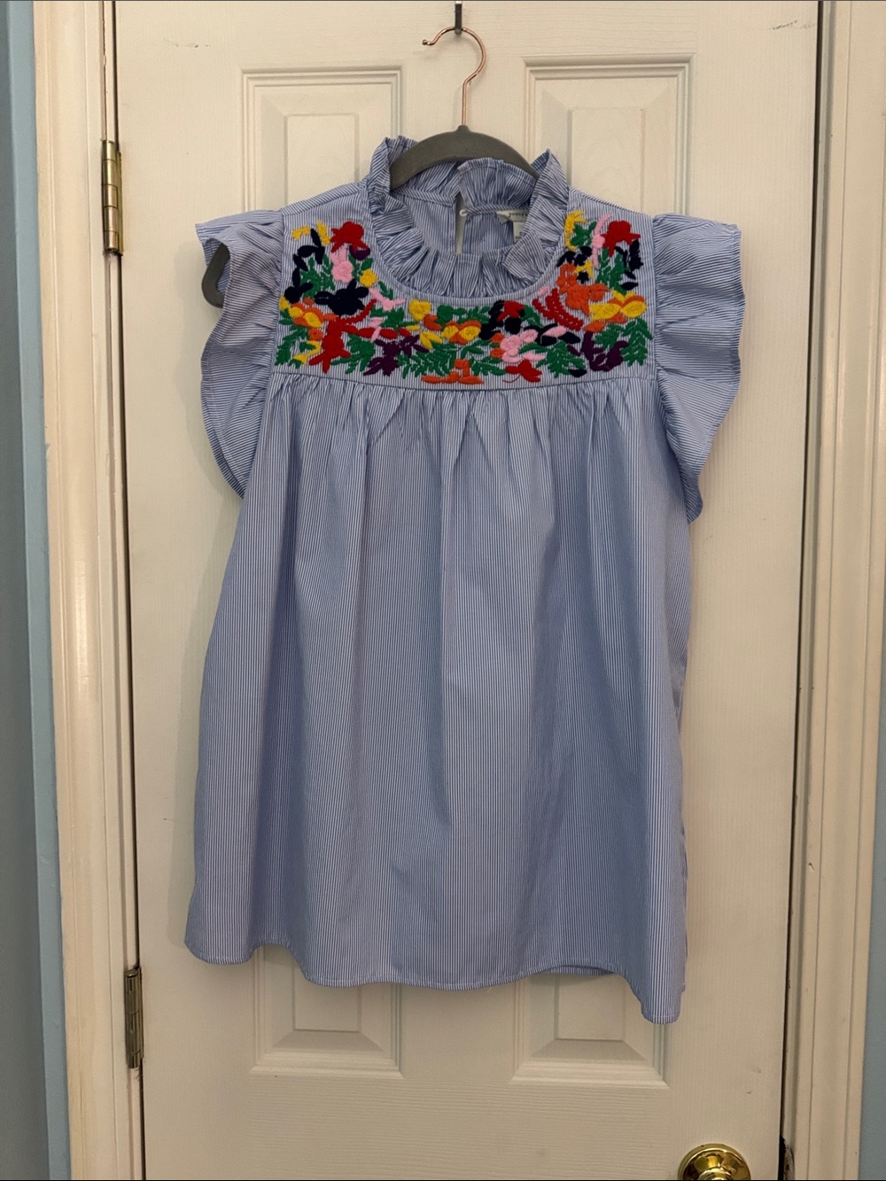 Smocked Floral Embroidered Blue women’s top